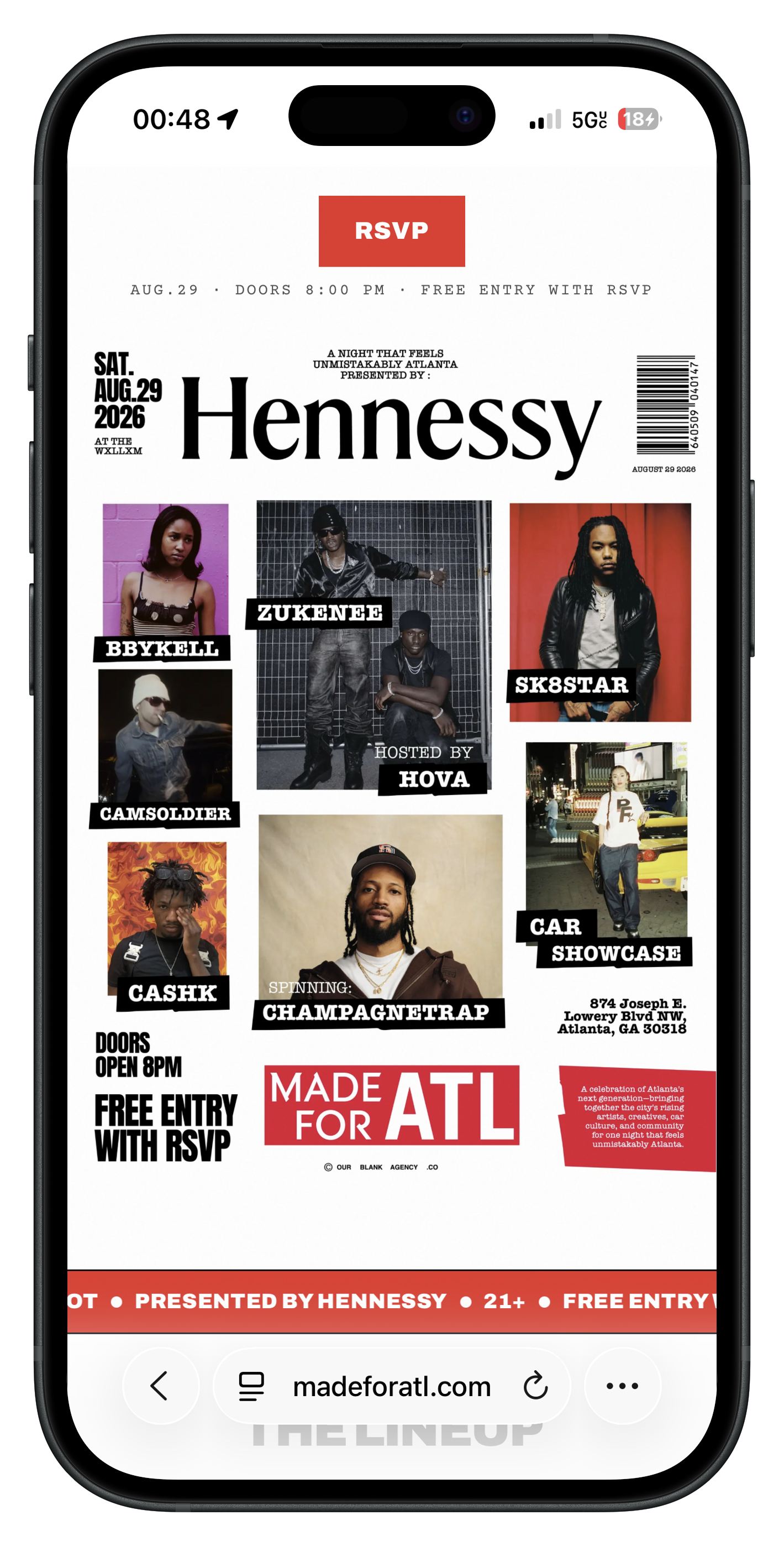 madeforatl.com RSVP page open on a phone